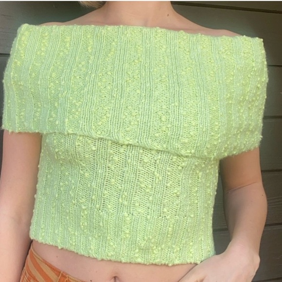 UO Silence + Noise Starlet Off-The-Shoulder Knit Top Lime Green Size Small New - Picture 5 of 10